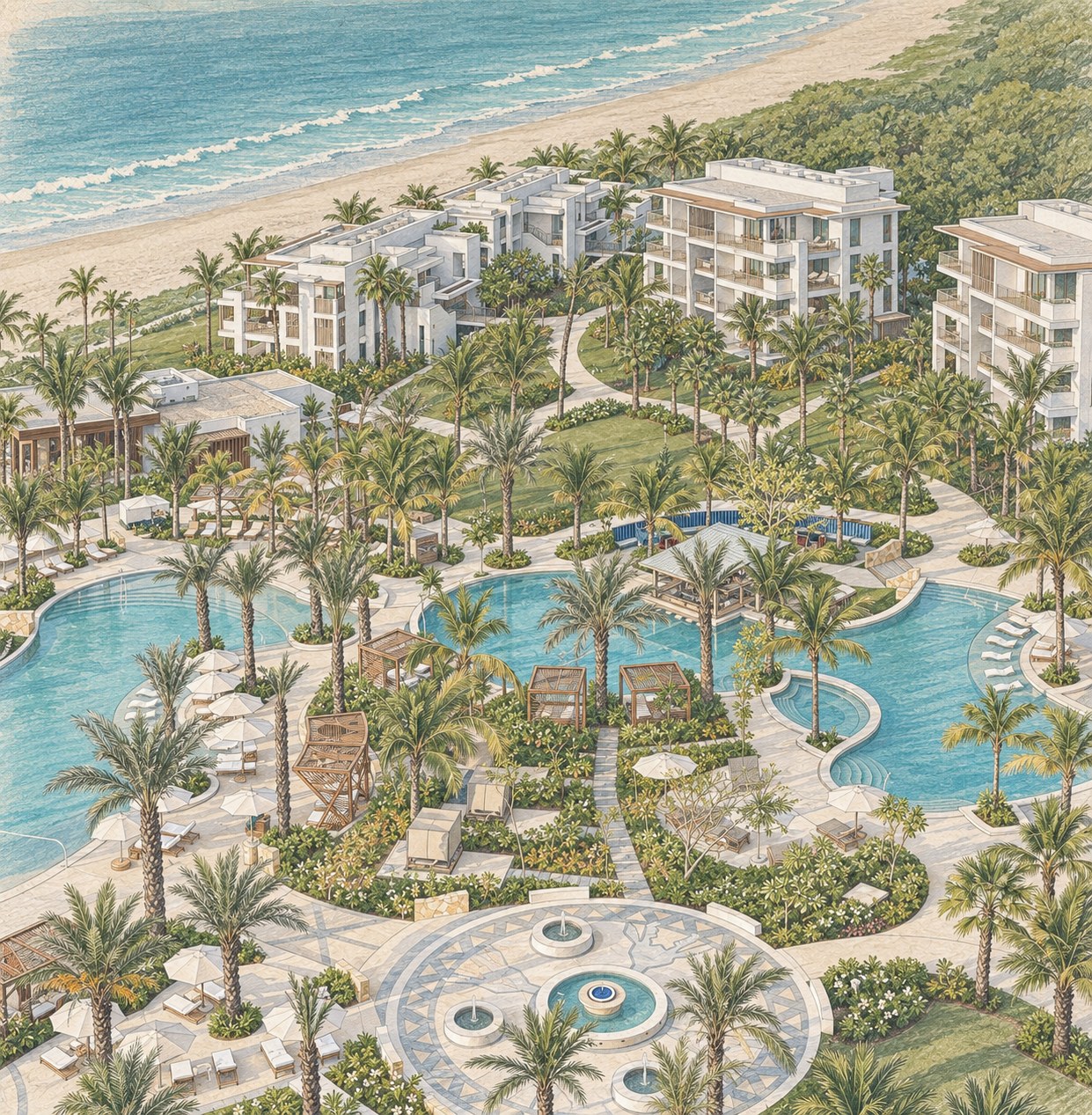 Aerial view of Conrad Punta de Mita — lagoon pools, white resort buildings, and the Pacific shoreline