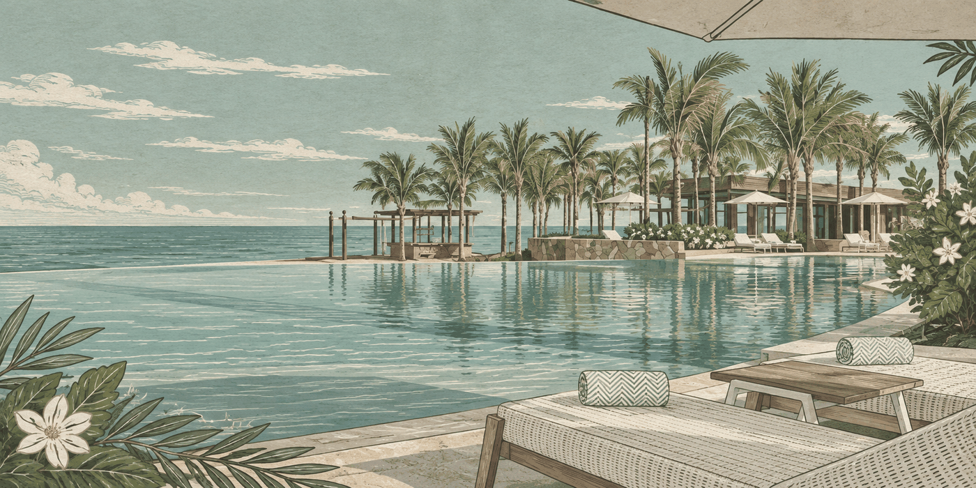 Illustrated tropical resort — sage sky, infinity pool, palms, and soft coastal light